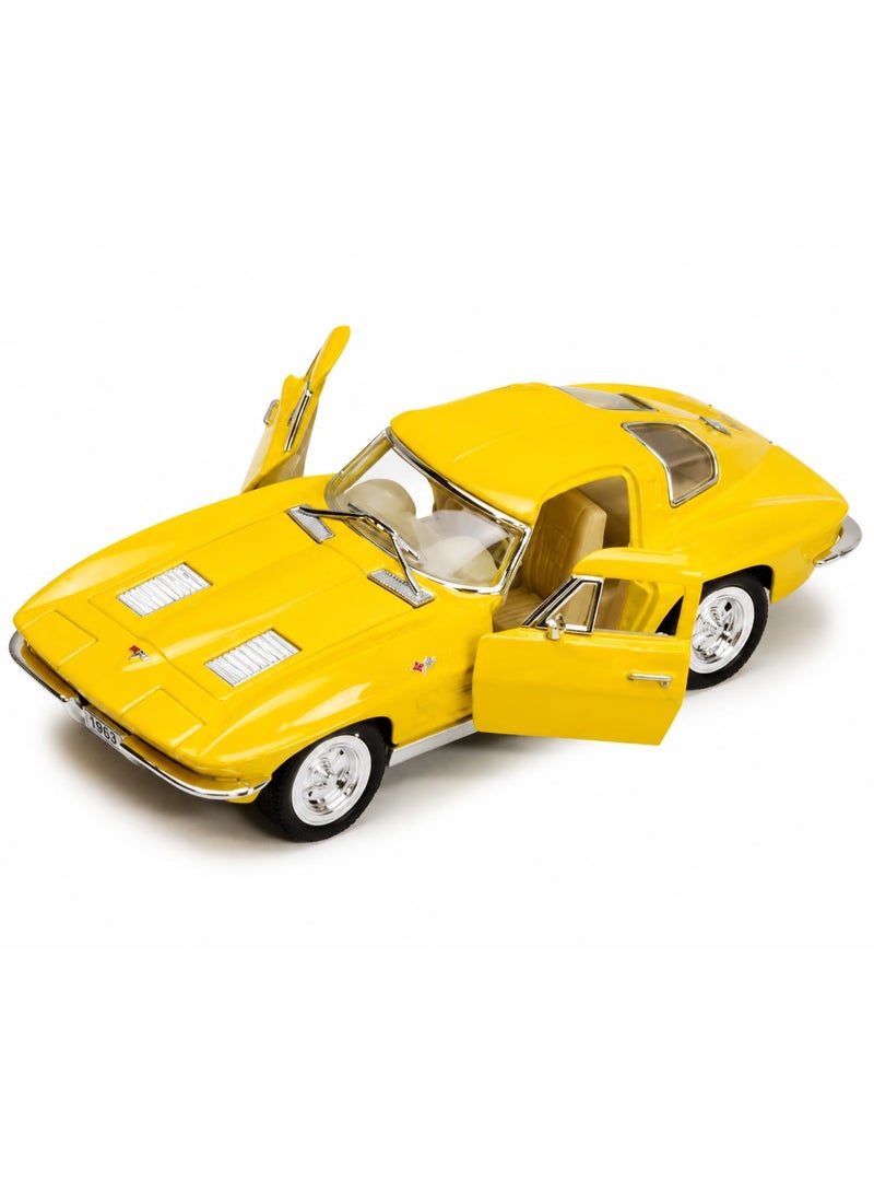 Kinsmart 1:36 Scale Pull Back Action Door Openable 1963 Corvette Sting Ray Miniature Diecast Metal Toy Car-Yellow - Image 1