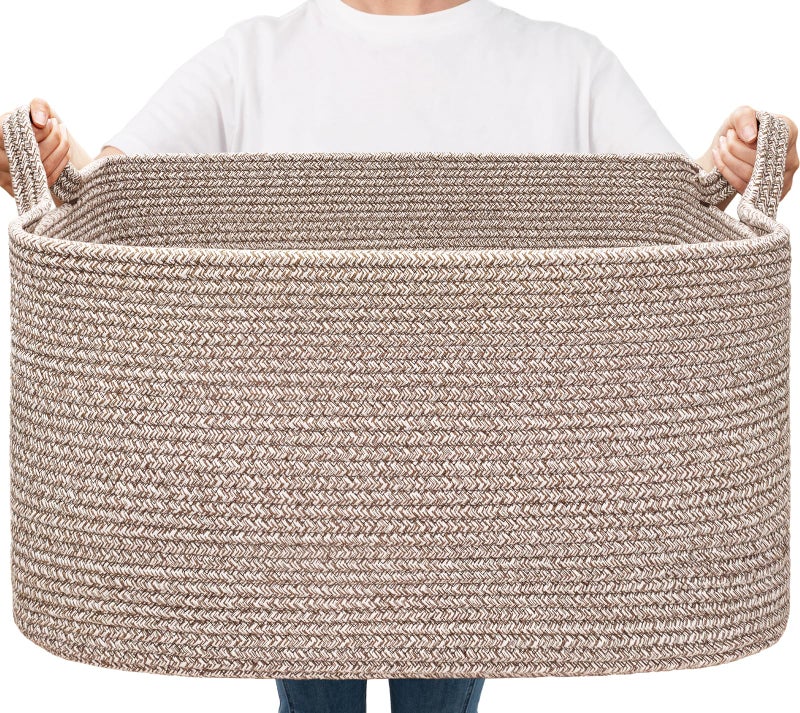 Goodpick Large Woven Storage Basket, 21.6" x 14.9" x 11.8" Blanket Basket for Living Room, Bedroom, Rectangle Rope Storage Organizer for Clothes, Toys, Brown - Image 1