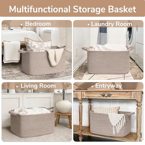 Goodpick Large Woven Storage Basket, 21.6" x 14.9" x 11.8" Blanket Basket for Living Room, Bedroom, Rectangle Rope Storage Organizer for Clothes, Toys, Brown - Image 4