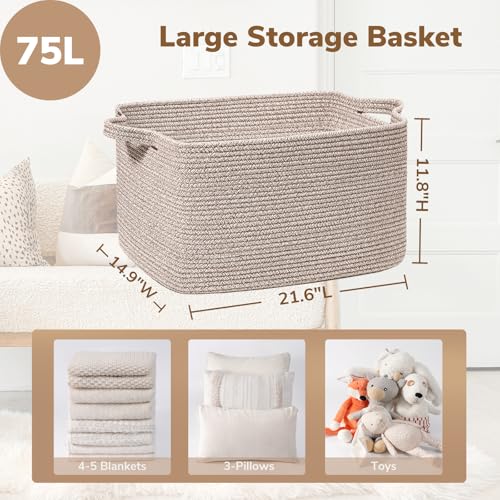 Goodpick Large Woven Storage Basket, 21.6" x 14.9" x 11.8" Blanket Basket for Living Room, Bedroom, Rectangle Rope Storage Organizer for Clothes, Toys, Brown - Image 3