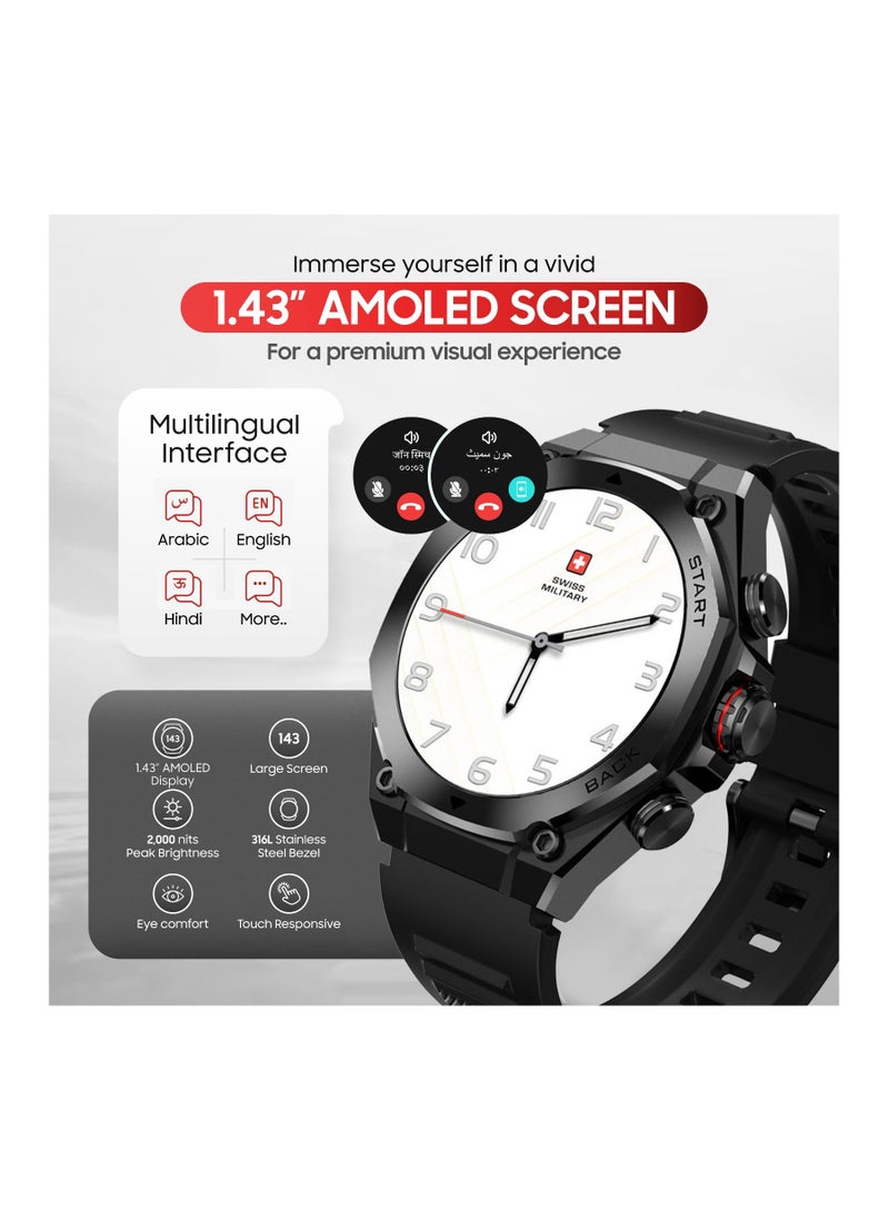 SWISS MILITARY - Swiss Military DOM6 Smartwatch 1.43" AMOLED, Bluetooth Calling, Multi Language, Health & Sports Tracking, Wireless Charging, 7 Days Battery, IP67, iOS/Android Compatible, Black Frame with Black Strap - Image 1