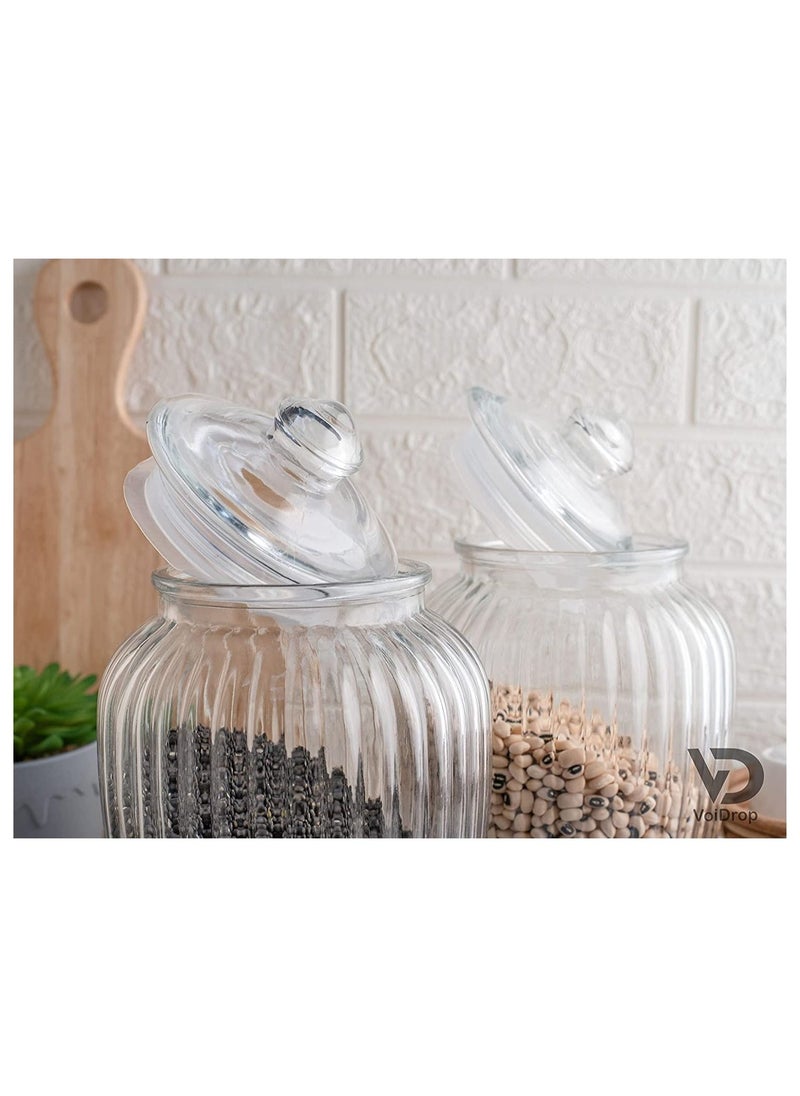 VoiDrop - VOIDROP Set Of 2 Borosilicate Stripe Glass jar, Airtight Glass Jar with Knob Lid Vertical Ridges Jar Clear Food Storage Container Jar for Noodles Flour Rice Sugar and coffee - Image 1