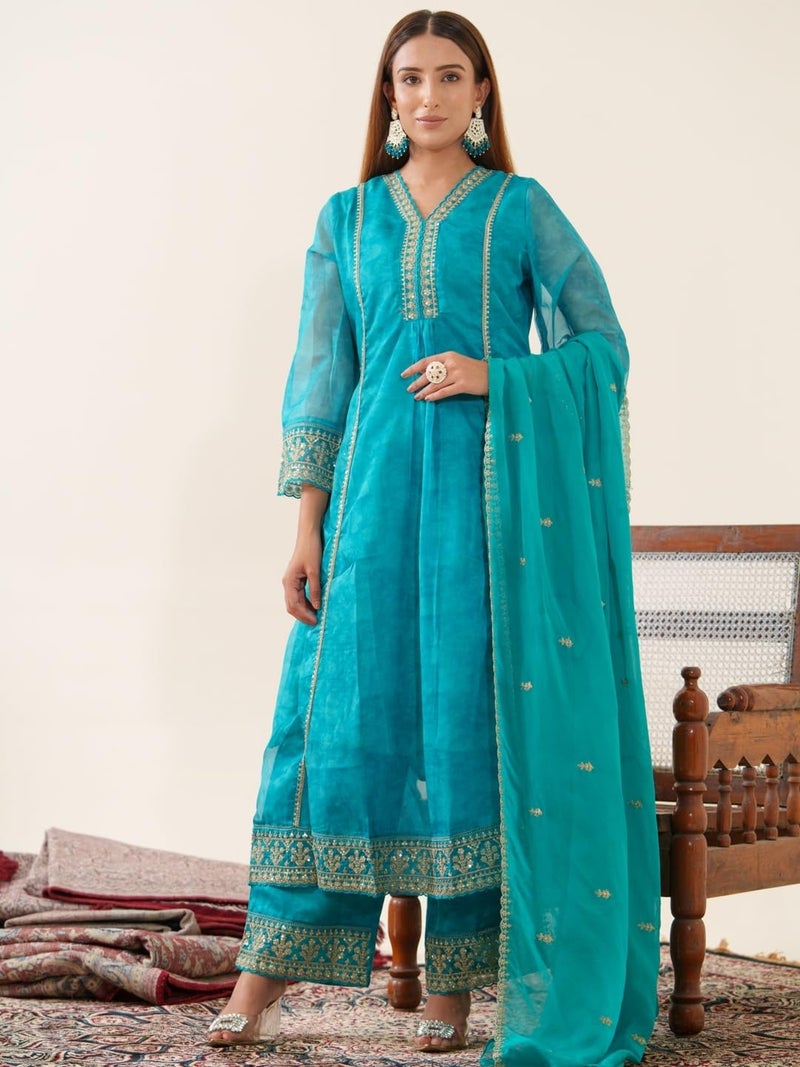 Kaari Women's Embroidered Kurti Set with Dupatta | Ethnic Suits with Embellished Dupatta | Everyday and Festive Kurti Set for Women|Rama|XL - Image 2