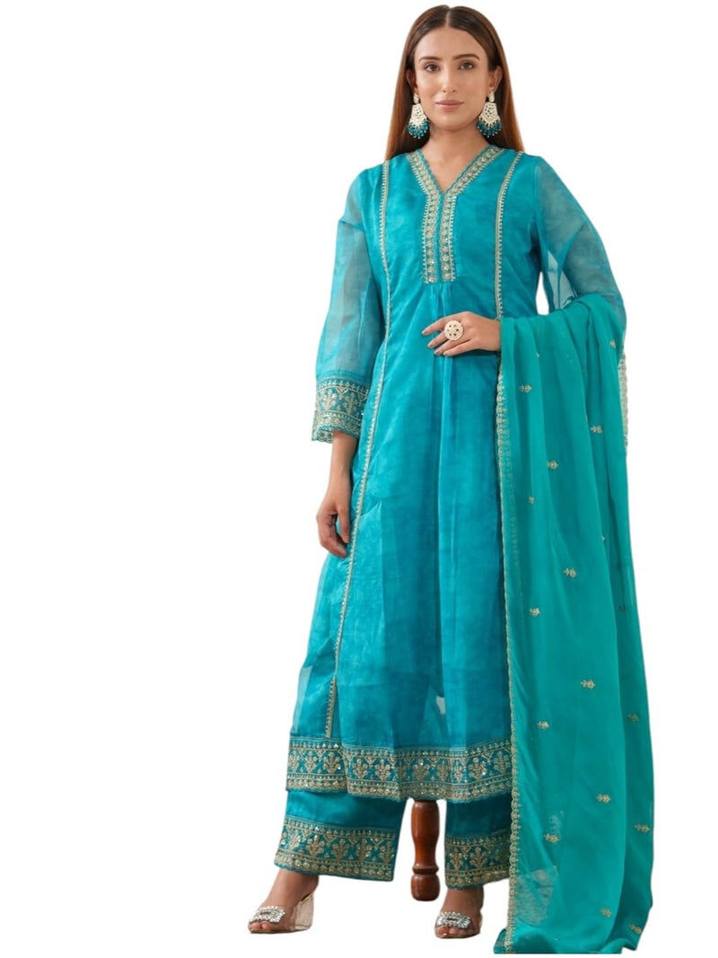 Kaari Women's Embroidered Kurti Set with Dupatta | Ethnic Suits with Embellished Dupatta | Everyday and Festive Kurti Set for Women|Rama|XL - Image 1
