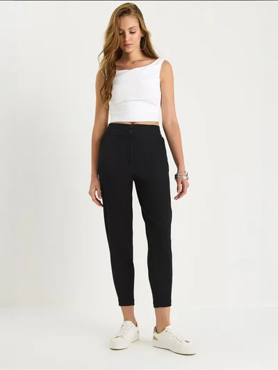 Bianco Lucci LUCCI Long Crepe Carrot Pants with Button Closure
