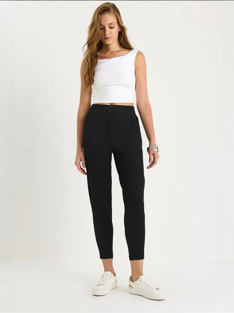 LUCCI Long Crepe Carrot Pants with Button Closure