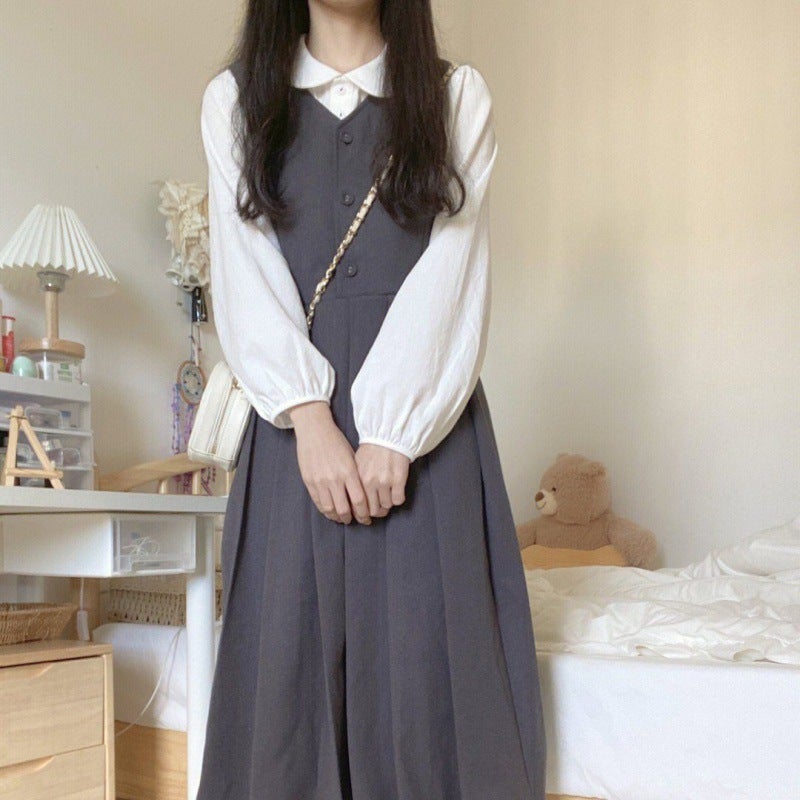 French Vintage Dress and Sweet Doll Collar Shirt Set Gray suspender skirt [single piece]]