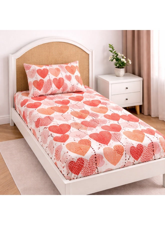 VELMORE Single Size Polycotton Bedsheet Set (2 Pieces) – Soft & Breathable Love Heart Design, 240x170cm with 1 Pillow Case (50x70 cm), Wrinkle Resistant, All-Season Comfort - Image 1
