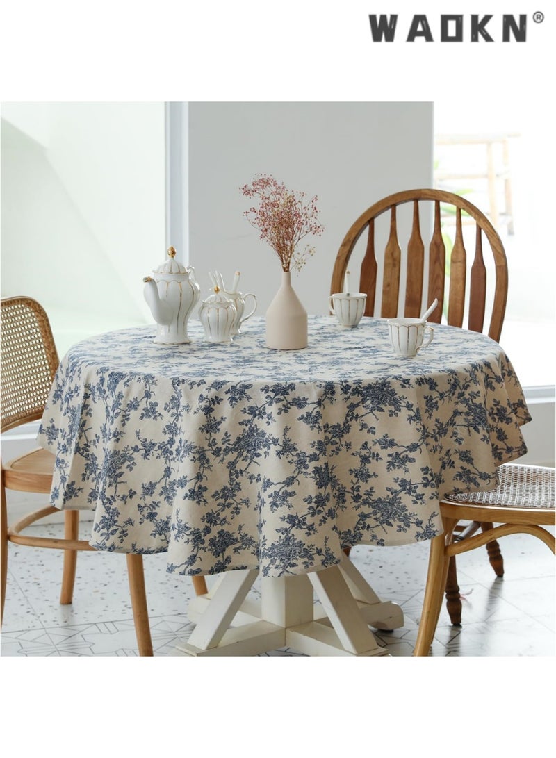 WAOKN Pastoral Round Tablecloth - 60 Inch Dia. - Linen Fabric Table Cloth - Washable Table Cover with Dust-Proof Wrinkle Resistant for Restaurant, Picnic, Indoor and Outdoor Dining, Floral (Dark Blue) - Image 2