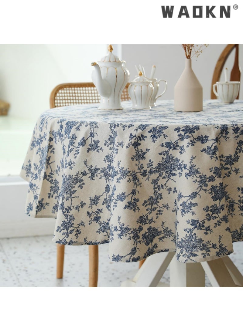 WAOKN Pastoral Round Tablecloth - 60 Inch Dia. - Linen Fabric Table Cloth - Washable Table Cover with Dust-Proof Wrinkle Resistant for Restaurant, Picnic, Indoor and Outdoor Dining, Floral (Dark Blue) - Image 1