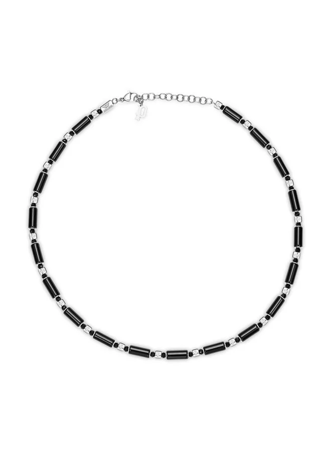 بوليس SILO Necklace  Black Circular and Cylindrical Beads on Stainless Steel Chain for Bold Contrast