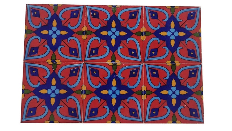 Shiv Kripa Blue Pottery Shiv Kripa Blue Pottery Luxury Floral Decorative Crafted Tabletop Flooring Wall Interior Exterior Traditional 4 x 4 inch Tiles Pack of 6 Tiles Blue 