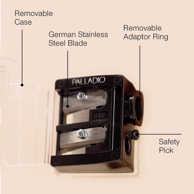 Palladio Double Barrel 3 in 1 Cosmetic Pencil Sharpener with Cover, Stainless Steel Blade, Size Adjuster, Essential for Small and Extra Large Lip Liner, Eyeliner, Brow Pencils - Image 4