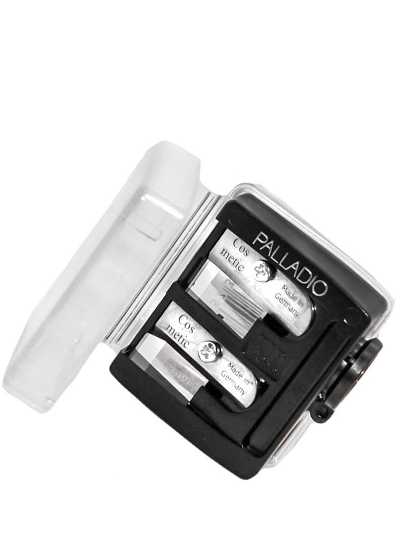 PALLADIO Palladio Double Barrel 3 in 1 Cosmetic Pencil Sharpener with Cover, Stainless Steel Blade, Size Adjuster, Essential for Small and Extra Large Lip Liner, Eyeliner, Brow Pencils  - Image 1