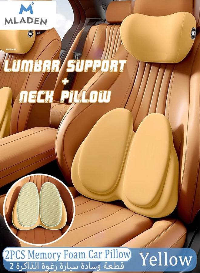 MLADEN 2PCS Lumbar Support Pillow And Car Headrest Neck Pillow Set Memory Foam Car Pillow Ergonomic Office Chair Headrest Pillow With Adjustable Strap Automotive Interior (Yellow) - Image 1