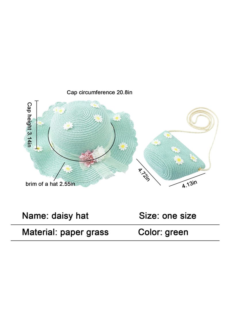 Excefore Girls Sun Hat with Shoulder Bag Set, Large Brim Flower Beach Summer Hat Straw Purse Beach Bag Cute Flower Summer Beach Cap - Image 2