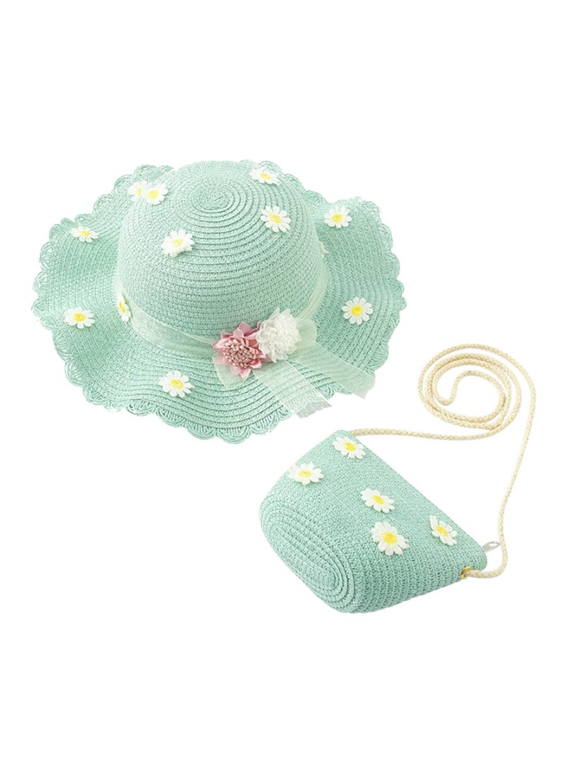 Excefore Girls Sun Hat with Shoulder Bag Set, Large Brim Flower Beach Summer Hat Straw Purse Beach Bag Cute Flower Summer Beach Cap - Image 1