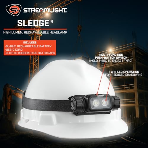 Streamlight 89019 Sledge 1000Lumen Max 600Lumen Standard 1800Candela Rechargeable LowProfile LED Headlamp with Elastic and Rubber Hard Hat Straps Black - Image 3