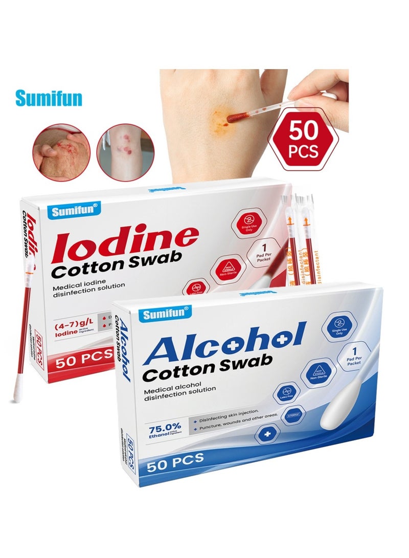 Sumifun 100 Pcs Iodophor cotton swabs & Alcohol Cotton Swabs Set, Disposable for Skin & Surface Cleaning, for Nasal Ears Bruise Travel Outside Emergency Medical Wound Care, Daily Cleaning, and Pet Care - Image 1