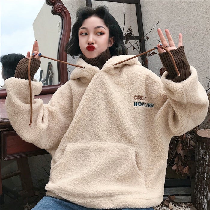 2022 Autumn Winter Hoodie Faux Lamb Wool Embroidered Letter Casual Womens Sweatshirt Blue - Image 4