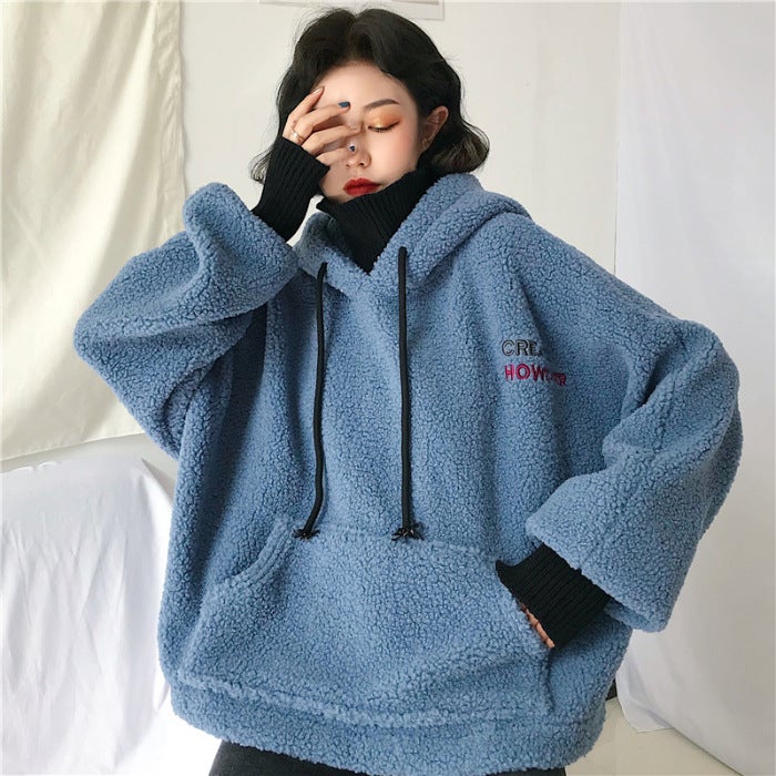 2022 Autumn Winter Hoodie Faux Lamb Wool Embroidered Letter Casual Womens Sweatshirt Blue - Image 1