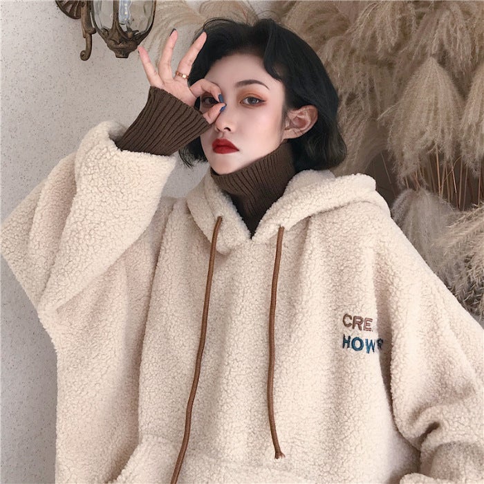 2022 Autumn Winter Hoodie Faux Lamb Wool Embroidered Letter Casual Womens Sweatshirt Blue - Image 2