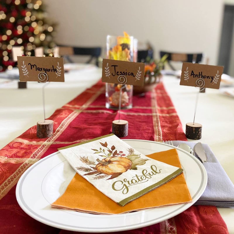 Winlyn 30 Pcs Rustic Wood Place Card Holders with Swirl Wire Wooden Bark Memo Holder Stand Card Photo Picture Note Clip Holders 5.8"" and Kraft Place Cards Bulk for Wedding Party Table Number Name Sign - Image 5
