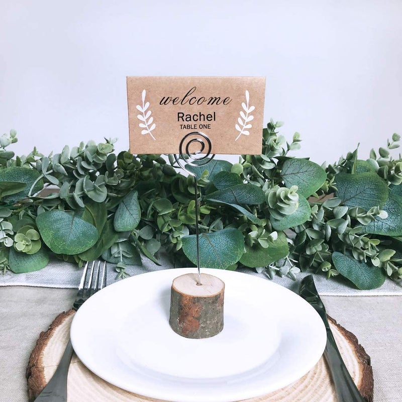 Winlyn 30 Pcs Rustic Wood Place Card Holders with Swirl Wire Wooden Bark Memo Holder Stand Card Photo Picture Note Clip Holders 5.8"" and Kraft Place Cards Bulk for Wedding Party Table Number Name Sign - Image 4
