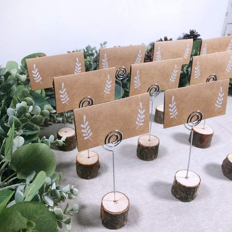 Winlyn 30 Pcs Rustic Wood Place Card Holders with Swirl Wire Wooden Bark Memo Holder Stand Card Photo Picture Note Clip Holders 5.8"" and Kraft Place Cards Bulk for Wedding Party Table Number Name Sign - Image 2