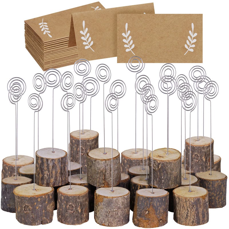 Winlyn 30 Pcs Rustic Wood Place Card Holders with Swirl Wire Wooden Bark Memo Holder Stand Card Photo Picture Note Clip Holders 5.8"" and Kraft Place Cards Bulk for Wedding Party Table Number Name Sign - Image 1