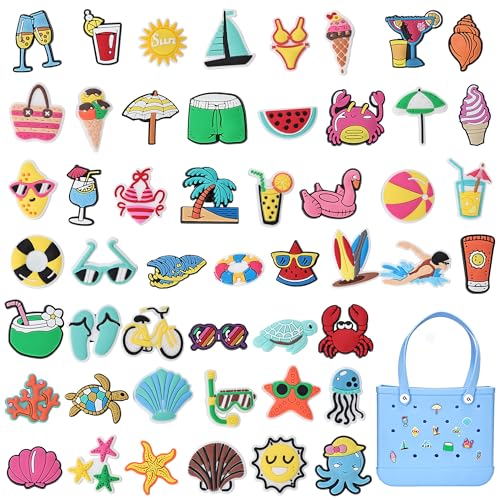Ella & Emma 50pcs DIY Summer Charms for Bogg Bag, Boggbag Accessories Letters Flowers Baseball Beach Cute Decoration Bag Charms for Bogg Bag Rubber Tote Beach Bags - Image 1