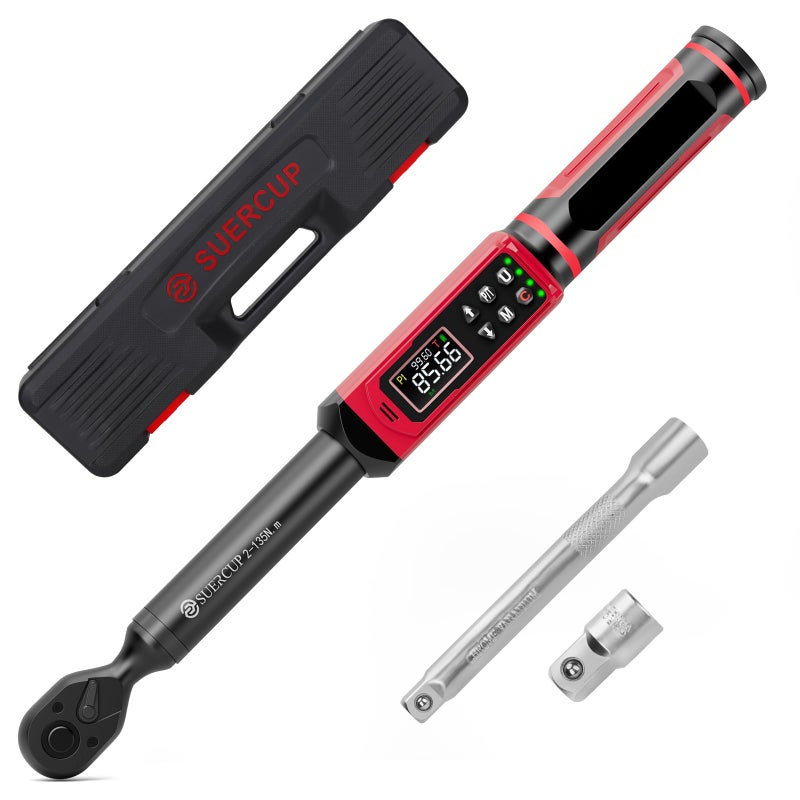 SUERCUP 3/8-inch Digital Torque Wrench(1.5-99.6Ft.Lb/2-135Nm) Â±1% Accuracy Digital Torque Wrench with Vibration, Buzzer,LED Notification and Five Units of Measure, for Motorcycle, Auto Repair - Image 1