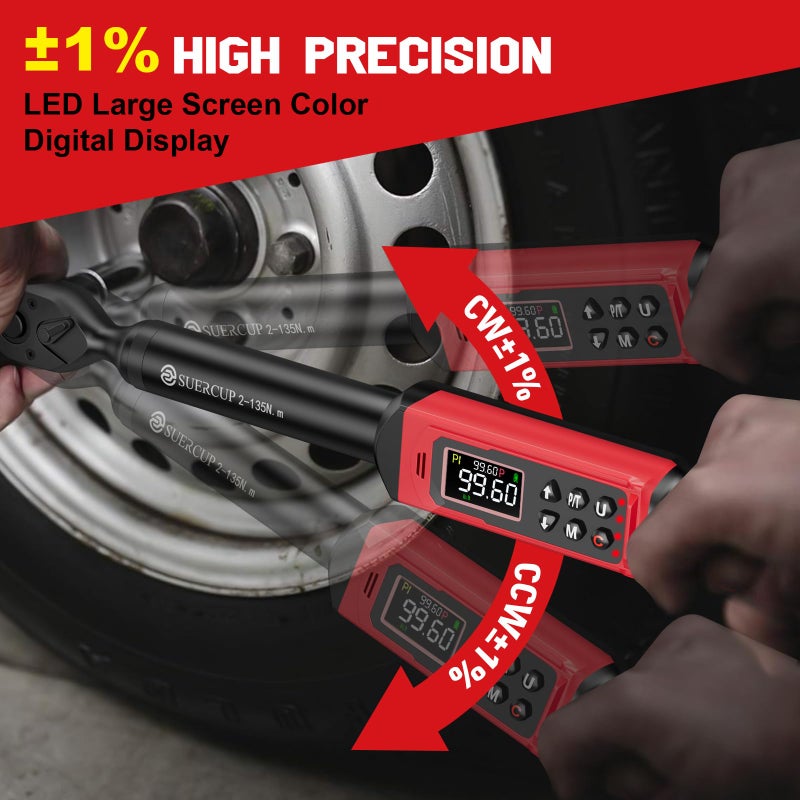 SUERCUP 3/8-inch Digital Torque Wrench(1.5-99.6Ft.Lb/2-135Nm) Â±1% Accuracy Digital Torque Wrench with Vibration, Buzzer,LED Notification and Five Units of Measure, for Motorcycle, Auto Repair - Image 2