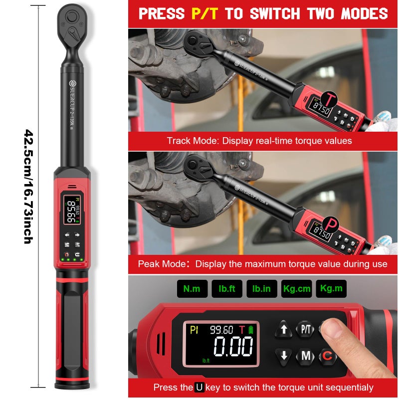 SUERCUP 3/8-inch Digital Torque Wrench(1.5-99.6Ft.Lb/2-135Nm) Â±1% Accuracy Digital Torque Wrench with Vibration, Buzzer,LED Notification and Five Units of Measure, for Motorcycle, Auto Repair - Image 3