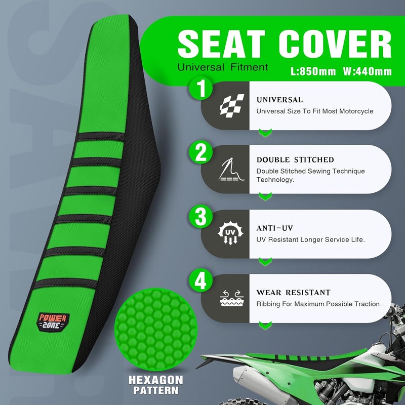 sawrain Universal Ribbed Gripper Dirt Bike Seat Cover - Black-Green - Image 3