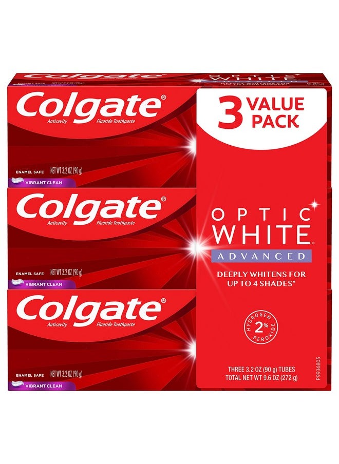 Colgate Optic White Advanced Teeth Whitening Toothpaste Vibrant Clean 3.2 Ounce Tube 3 Pack  - Image 1