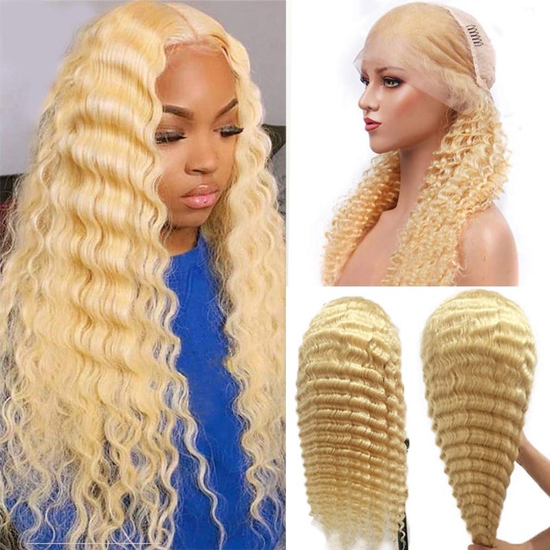 613 Human Hair Wig Deep Wave 13x6 HD Transparent Lace Frontal Wigs for Women Deep Parting Pre Plucked 613 Blonde Wig with Baby Hair 150 Density 20 Inch Curly Glueless Brazilian Virgin Hair