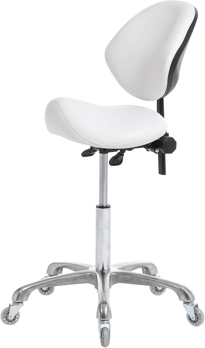 ERGONOMIC SADDLE STOOL ROLLING ADJUSTABLE, HYDRAULIC HEAVY-DUTY (350 LBS) STOOL CHAIR FOR DENTAL LAB SALON MASSAGE STUDIO OFFICE(WHITE, WITH BACKREST)