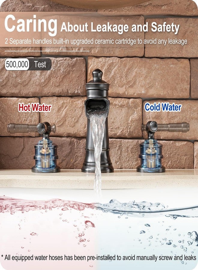 HOIGY Oil Rubbed Bronze Bathroom Faucet, Brass Waterfall Faucet Widespread Bathroom Sink Faucet 3 Holes, 20-40cm Bathroom Taps with Pop Up Drain 2 Handle and Supply Hose for Hotel Farmhouse Antique - Image 3