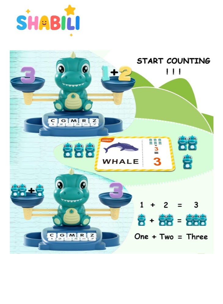 SHABILI Dinosaur Math Balance Montessori STEM Toy for Kids 3+, ABS Plastic with Numbers & Letter Cubes and 32 Cards, Preschool/Kindergarten Classroom or Home Learning Gift for Boys Girls Children (Green) - Image 3
