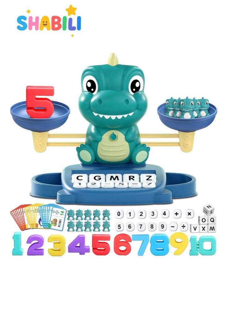 SHABILI Dinosaur Math Balance Montessori STEM Toy for Kids 3+, ABS Plastic with Numbers & Letter Cubes and 32 Cards, Preschool/Kindergarten Classroom or Home Learning Gift for Boys Girls Children (Green) - Image 1