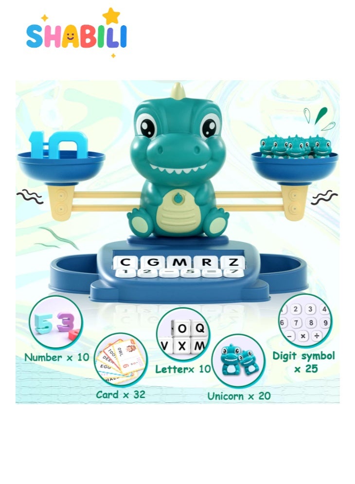 SHABILI Dinosaur Math Balance Montessori STEM Toy for Kids 3+, ABS Plastic with Numbers & Letter Cubes and 32 Cards, Preschool/Kindergarten Classroom or Home Learning Gift for Boys Girls Children (Green) - Image 2