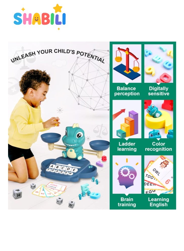 SHABILI Dinosaur Math Balance Montessori STEM Toy for Kids 3+, ABS Plastic with Numbers & Letter Cubes and 32 Cards, Preschool/Kindergarten Classroom or Home Learning Gift for Boys Girls Children (Green) - Image 5
