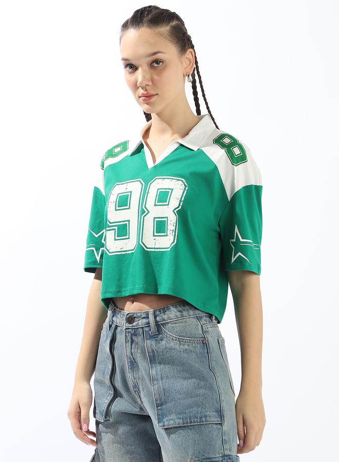 Hubberholme Women's Green 100% Cotton Printed Polo Boxy Fit T-Shirt - Image 3