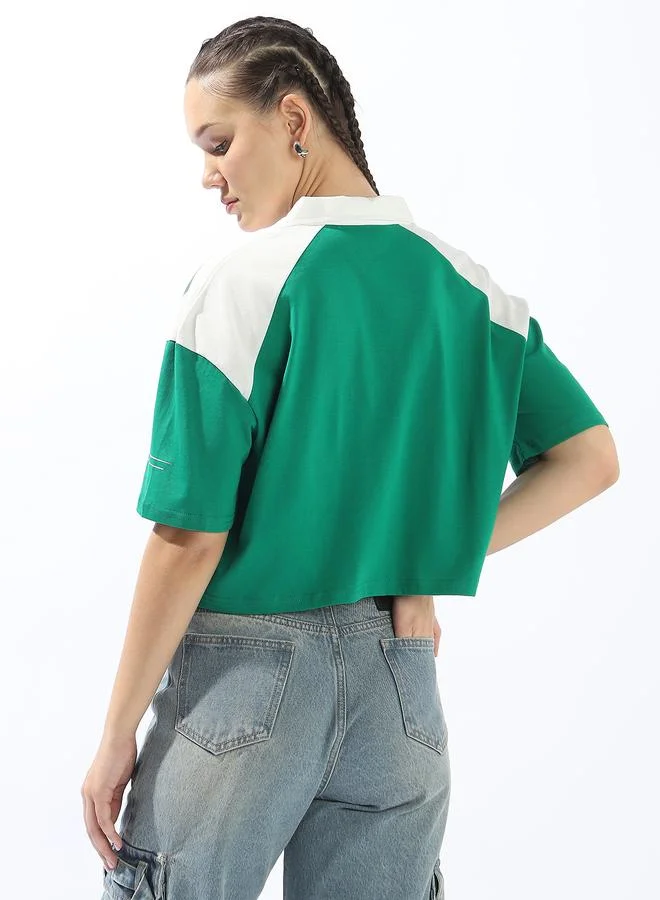 Hubberholme Women's Green 100% Cotton Printed Polo Boxy Fit T-Shirt