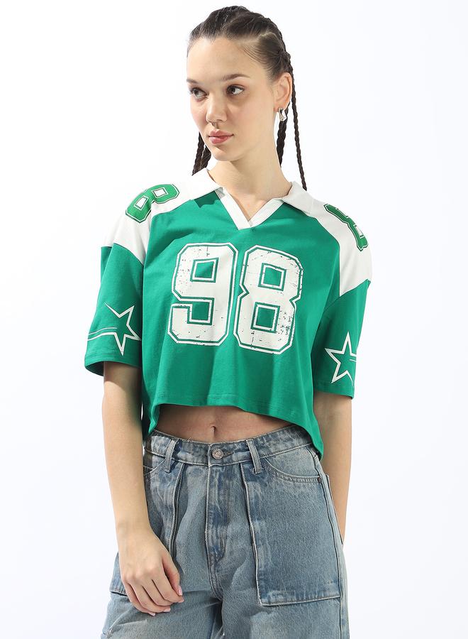 Hubberholme Women's Green 100% Cotton Printed Polo Boxy Fit T-Shirt - Image 1