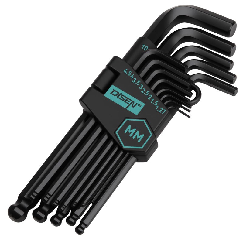 DISEN 13 Pieces Hex Key Allen Wrench Set Metric Size with Ball End, 1.27-10 MM, Long Arm Ball Design, Chrome Vanadium Steel - Image 1