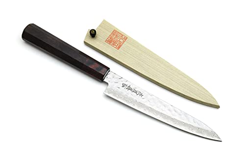 Yoshihiro سكين يوشيهيرو اليابانية متعددة الاستخدامات من داماسكوس المحفور 46 طبقة VG10 بمقبض من خشب الورد (6" (150 مم)) - Image 1