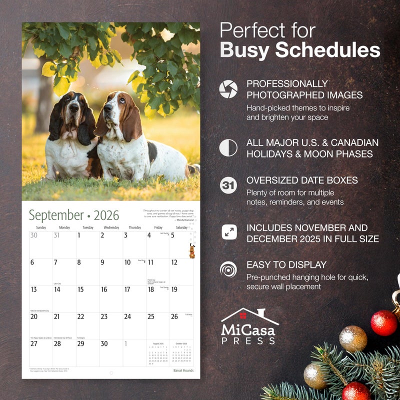 MICASA PRESS Basset Hounds 2026 Wall Calendar 12 Month | 12" x 24" Open | Thick & Sturdy Paper | Holiday Gift | Cute Puppy Dog Calendar 2026 - Image 2
