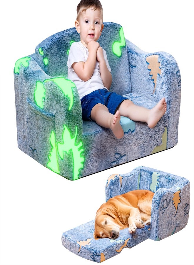 Lamerge 2-in-1 Toddler Couch,Glow in The Dark Baby Floor Bed,Foldable Toddler Chair Kids Sofa for playroom,Convertible Sofa to Lounger for Girls and Boys (Blue and Dinosaur) - Image 1